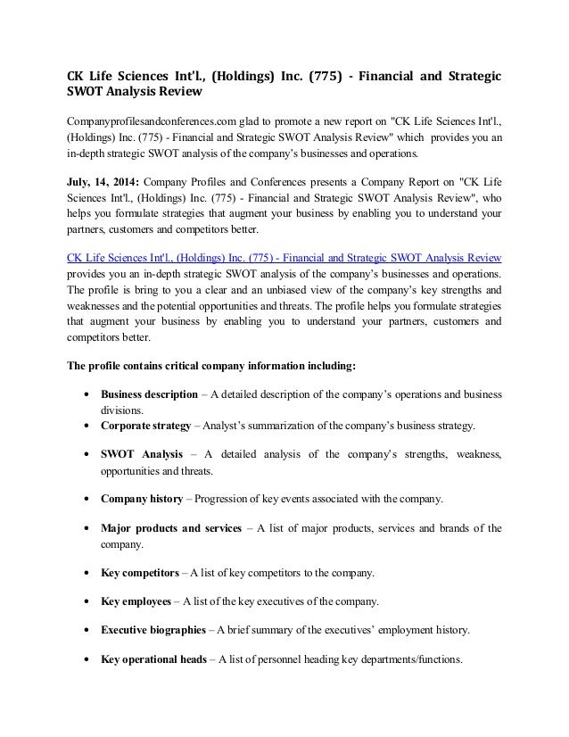Ck life sciences int'l., (holdings) inc. financial and strategic swot