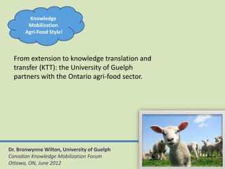 Knowledge
       Mobilization
      Agri-Food Style!



  From extension to knowledge translation and
  transfer (KTT): the University of Guelph
  partners with the Ontario agri-food sector.




Dr. Bronwynne Wilton, University of Guelph
Canadian Knowledge Mobilization Forum
Ottawa, ON, June 2012
 