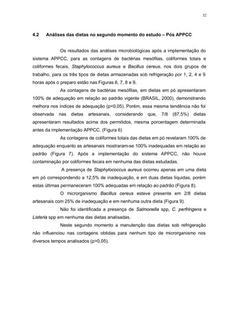 32
4.2 Análises das dietas no segundo momento do estudo – Pós APPCC
Os resultados das análises microbiológicas após a implementação do
sistema APPCC, para as contagens de bactérias mesófilas, coliformes totais e
coliformes fecais, Staphylococcus aureus e Bacillus cereus, nos dois grupos de
trabalho, para os três tipos de dietas armazenadas sob refrigeração por 1, 2, 4 e 9
horas após o preparo estão nas Figuras 6, 7, 8 e 9.
As contagens de bactérias mesófilas, em dietas em pó apresentaram
100% de adequação em relação ao padrão vigente (BRASIL, 2000), demonstrando
melhora nos índices de adequação (p<0,05). Porém, essa mesma tendência não foi
observada nas dietas artesanais, considerando que, 7/8 (87,5%) dietas
apresentaram resultados acima dos permitidos, mesma porcentagem determinada
antes da implementação APPCC. (Figura 6)
As contagens de coliformes totais das dietas em pó revelaram 100% de
adequação enquanto as artesanais mostraram-se 100% inadequadas em relação ao
padrão (Figura 7). Após a implementação do sistema APPCC, não houve
contaminação por coliformes fecais em nenhuma das dietas estudadas.
A presença de Staphylococcus aureus ocorreu apenas em uma dieta
em pó correspondendo a 12,5% de inadequação, e em duas dietas líquidas, porém
estas últimas permaneceram 100% adequadas em relação ao padrão (Figura 8).
O microrganismo Bacillus cereus esteve presente em 2/8 dietas
artesanais com 25% de inadequação e em nenhuma outra dieta (Figura 9).
Não foi identificada a presença de Salmonella spp, C. perfringens e
Listeria spp em nenhuma das dietas analisadas.
Neste segundo momento a manutenção das dietas sob refrigeração
não influenciou nas contagens obtidas para nenhum tipo de microrganismo nos
diversos tempos analisados (p>0,05).
 