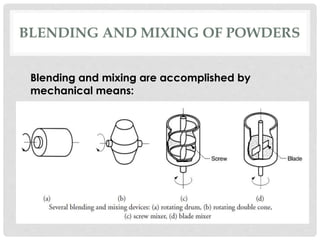 BLENDING AND MIXING OF POWDERS 
Blending and mixing are accomplished by 
mechanical means: 
 