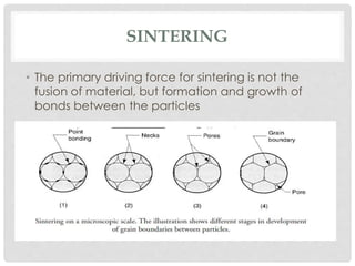 SINTERING 
• The primary driving force for sintering is not the 
fusion of material, but formation and growth of 
bonds between the particles 
 