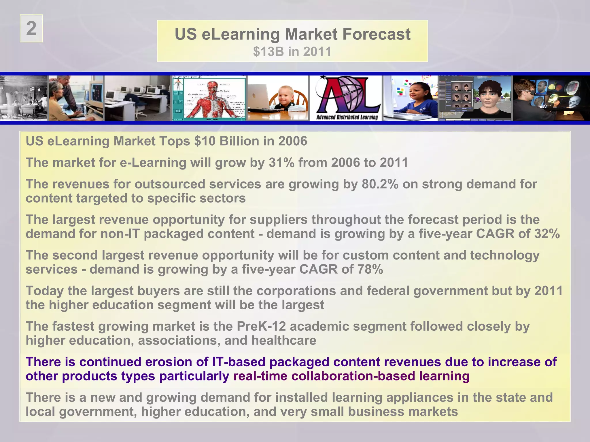 US eLearning Market Forecast $13B in 2011 US eLearning Market Tops $10 Billion in 2006 The market for e-Learning will grow by 31% from 2006 to 2011 The revenues for outsourced services are growing by 80.2% on strong demand for content targeted to specific sectors   The largest revenue opportunity for suppliers throughout the forecast period is the demand for non-IT packaged content - demand is growing by a five-year CAGR of 32% The second largest revenue opportunity will be for custom content and technology services - demand is growing by a five-year CAGR of 78% Today the largest buyers are still the corporations and federal government but by 2011 the higher education segment will be the largest The fastest growing market is the PreK-12 academic segment followed closely by higher education, associations, and healthcare There is continued erosion of IT-based packaged content revenues due to increase of other products types particularly  real-time collaboration-based learning   There is a new and growing demand for installed learning appliances in the state and local government, higher education, and very small business markets 2 