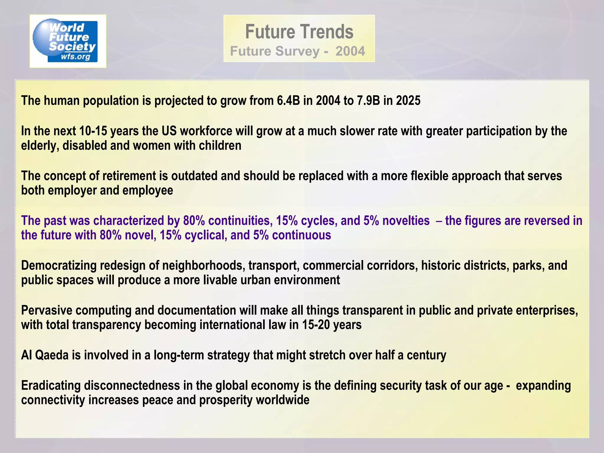 Future Trends Future Survey -  2004   The human population is projected to grow from 6.4B in 2004 to 7.9B in 2025 In the next 10-15 years the US workforce will grow at a much slower rate with greater participation by the elderly, disabled and women with children The concept of retirement is outdated and should be replaced with a more flexible approach that serves both employer and employee The past was characterized by 80% continuities, 15% cycles, and 5% novelties  –  the figures are reversed in the future with 80% novel, 15% cyclical, and 5% continuous Democratizing redesign of neighborhoods, transport, commercial corridors, historic districts, parks, and public spaces will produce a more livable urban environment  Pervasive computing and documentation will make all things transparent in public and private enterprises, with total transparency becoming international law in 15-20 years  Al Qaeda is involved in a long-term strategy that might stretch over half a century  Eradicating disconnectedness in the global economy is the defining security task of our age -  expanding connectivity increases peace and prosperity worldwide 