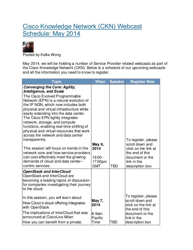 Cisco Knowledge Network (CKN) cast Schedule May 2014