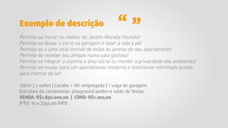 Permita-se morar no melhor do Jardim Morada Paulista!
Permita-se deixar o carro na garagem e fazer a vida a pé!
Permita-se a uma vista incrível de todas as janelas do seu apartamento!
Permita-se receber seu amigos numa sala gostosa!
Permita-se integrar a cozinha a área social ou manter a privacidade dos ambientes!
Permita-se mudar para um apartamento moderno e totalmente reformado pronto
para chamar de lar!
176m2
| 2 suítes | Lavabo + Wc empregada | 1 vaga de garagem
Estrutura do condomínio: playground jardim e salão de festas
VENDA: R$1.850.000,00 | COND: R$1.200,00
IPTU: 10 x $250,00 INFO
Exemplo de descrição
 