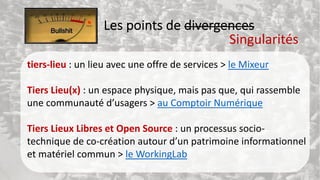Les points de divergences
tiers-lieu : un lieu avec une offre de services > le Mixeur
Tiers Lieu(x) : un espace physique, mais pas que, qui rassemble
une communauté d’usagers > au Comptoir Numérique
Tiers Lieux Libres et Open Source : un processus socio-
technique de co-création autour d’un patrimoine informationnel
et matériel commun > le WorkingLab
Singularités
 