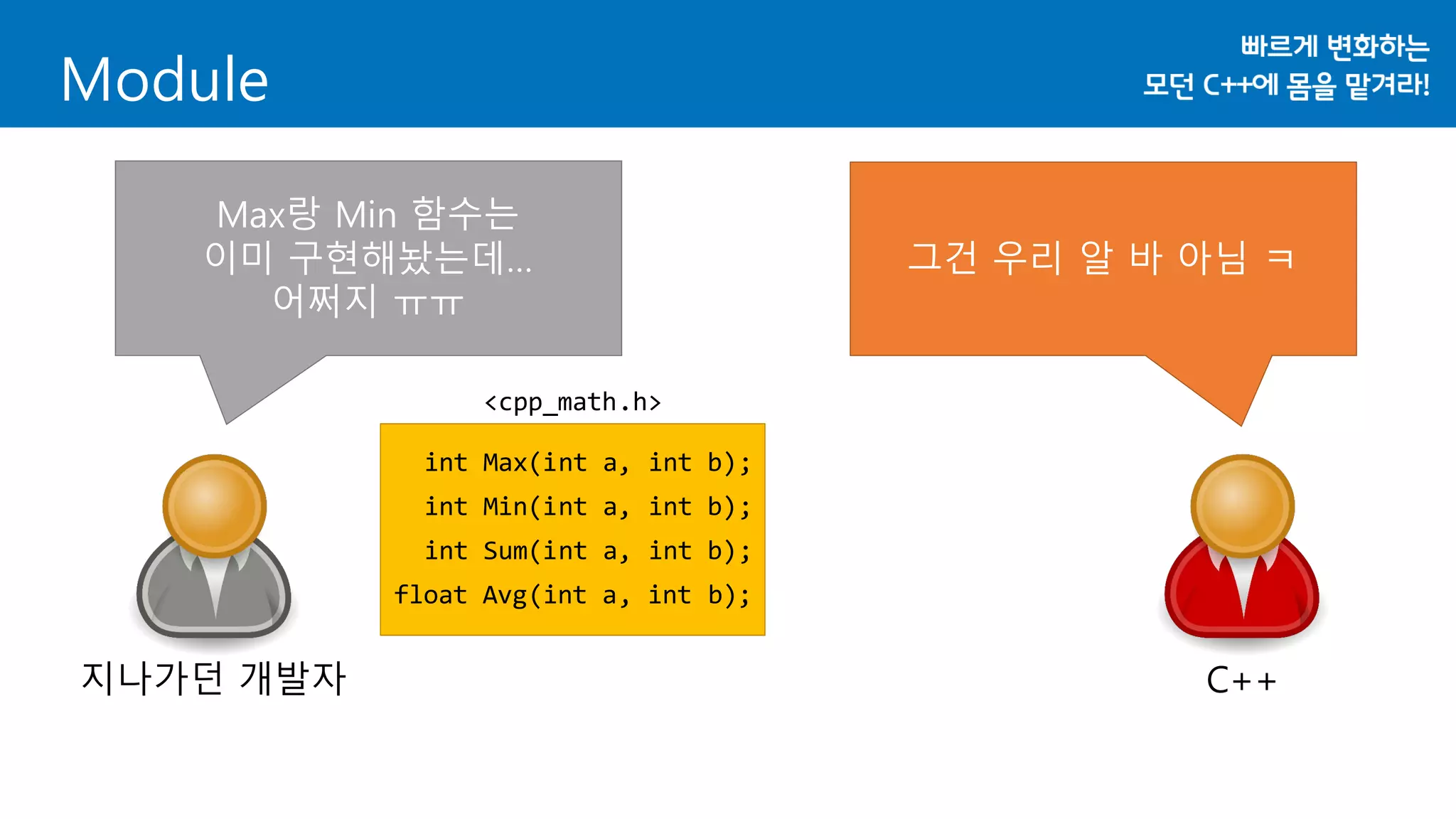 Module
지나가던 개발자 C++
그건 우리 알 바 아님 ㅋ
Max랑 Min 함수는
이미 구현해놨는데…
어쩌지 ㅠㅠ
int Max(int a, int b);
int Min(int a, int b);
int Sum(int a, int b);
float Avg(int a, int b);
<cpp_math.h>
 