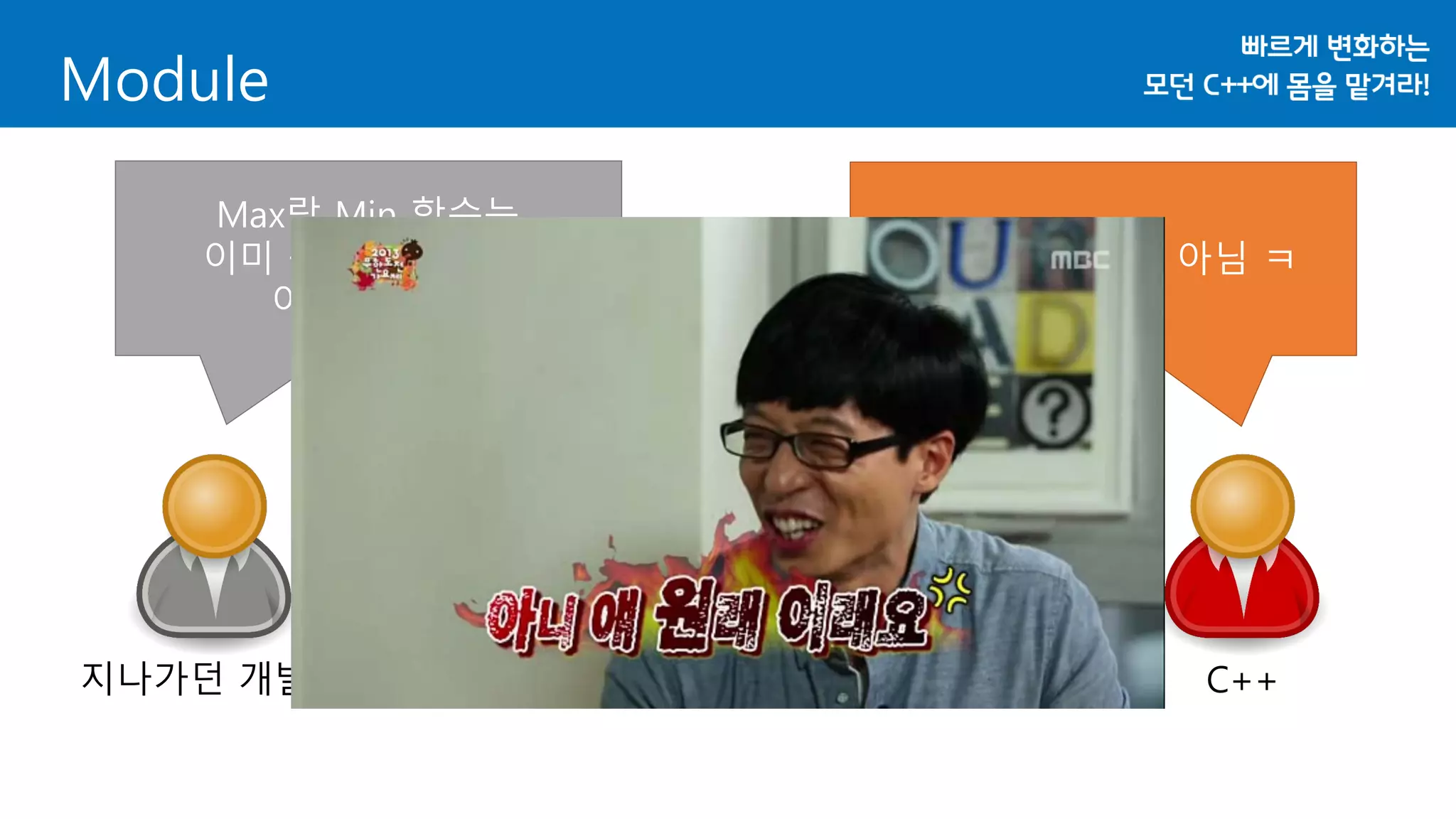 Module
지나가던 개발자 C++
그건 우리 알 바 아님 ㅋ
Max랑 Min 함수는
이미 구현해놨는데…
어쩌지 ㅠㅠ
int Max(int a, int b);
int Min(int a, int b);
int Sum(int a, int b);
float Avg(int a, int b);
<cpp_math.h>
 