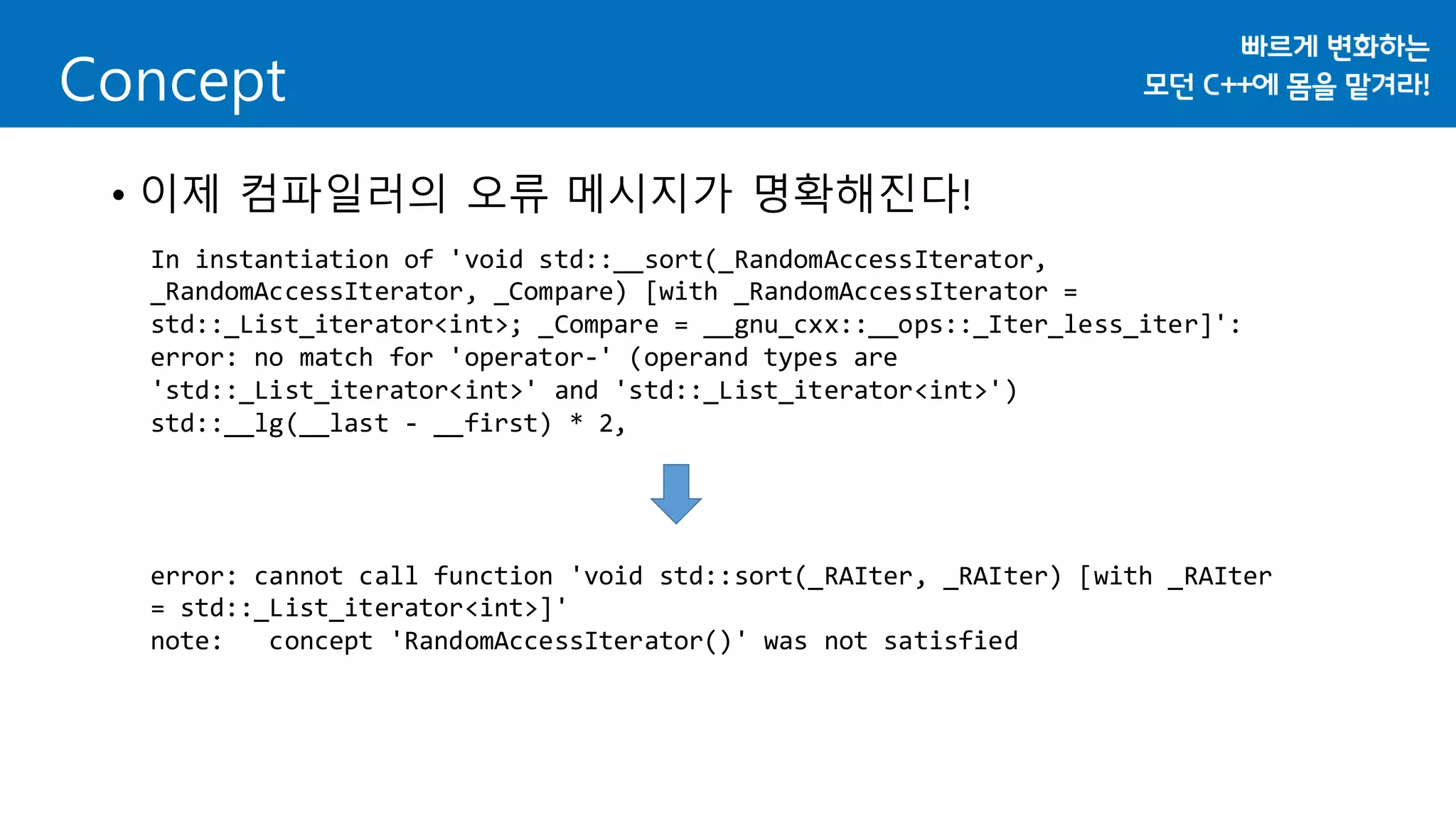 • 이제 컴파일러의 오류 메시지가 명확해진다!
Concept
In instantiation of 'void std::__sort(_RandomAccessIterator,
_RandomAccessIterator, _Compare) [with _RandomAccessIterator =
std::_List_iterator<int>; _Compare = __gnu_cxx::__ops::_Iter_less_iter]':
error: no match for 'operator-' (operand types are
'std::_List_iterator<int>' and 'std::_List_iterator<int>')
std::__lg(__last - __first) * 2,
error: cannot call function 'void std::sort(_RAIter, _RAIter) [with _RAIter
= std::_List_iterator<int>]'
note: concept 'RandomAccessIterator()' was not satisfied
 