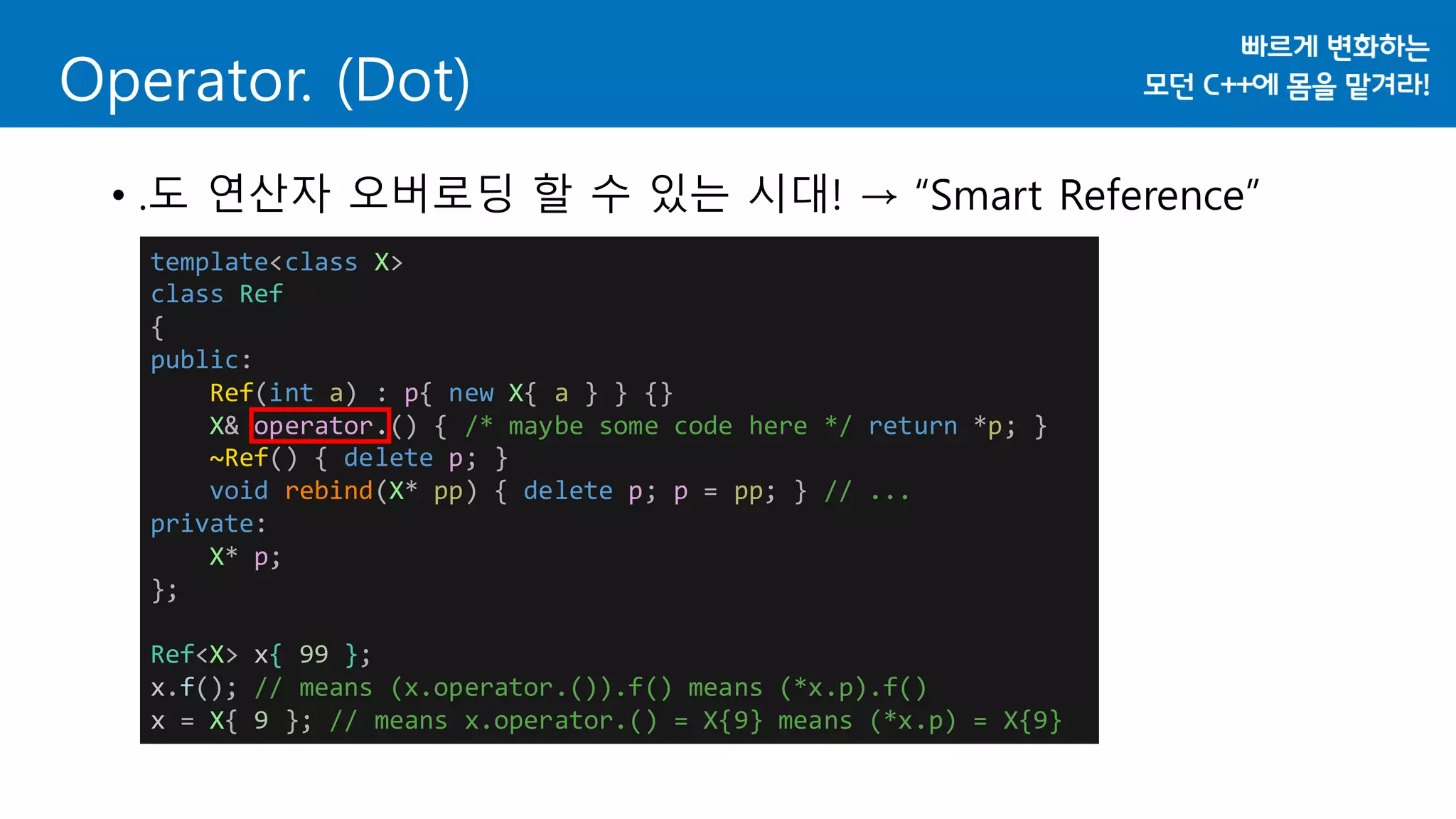 Operator. (Dot)
• .도 연산자 오버로딩 할 수 있는 시대! → “Smart Reference”
template<class X>
class Ref
{
public:
Ref(int a) : p{ new X{ a } } {}
X& operator.() { /* maybe some code here */ return *p; }
~Ref() { delete p; }
void rebind(X* pp) { delete p; p = pp; } // ...
private:
X* p;
};
Ref<X> x{ 99 };
x.f(); // means (x.operator.()).f() means (*x.p).f()
x = X{ 9 }; // means x.operator.() = X{9} means (*x.p) = X{9}
 