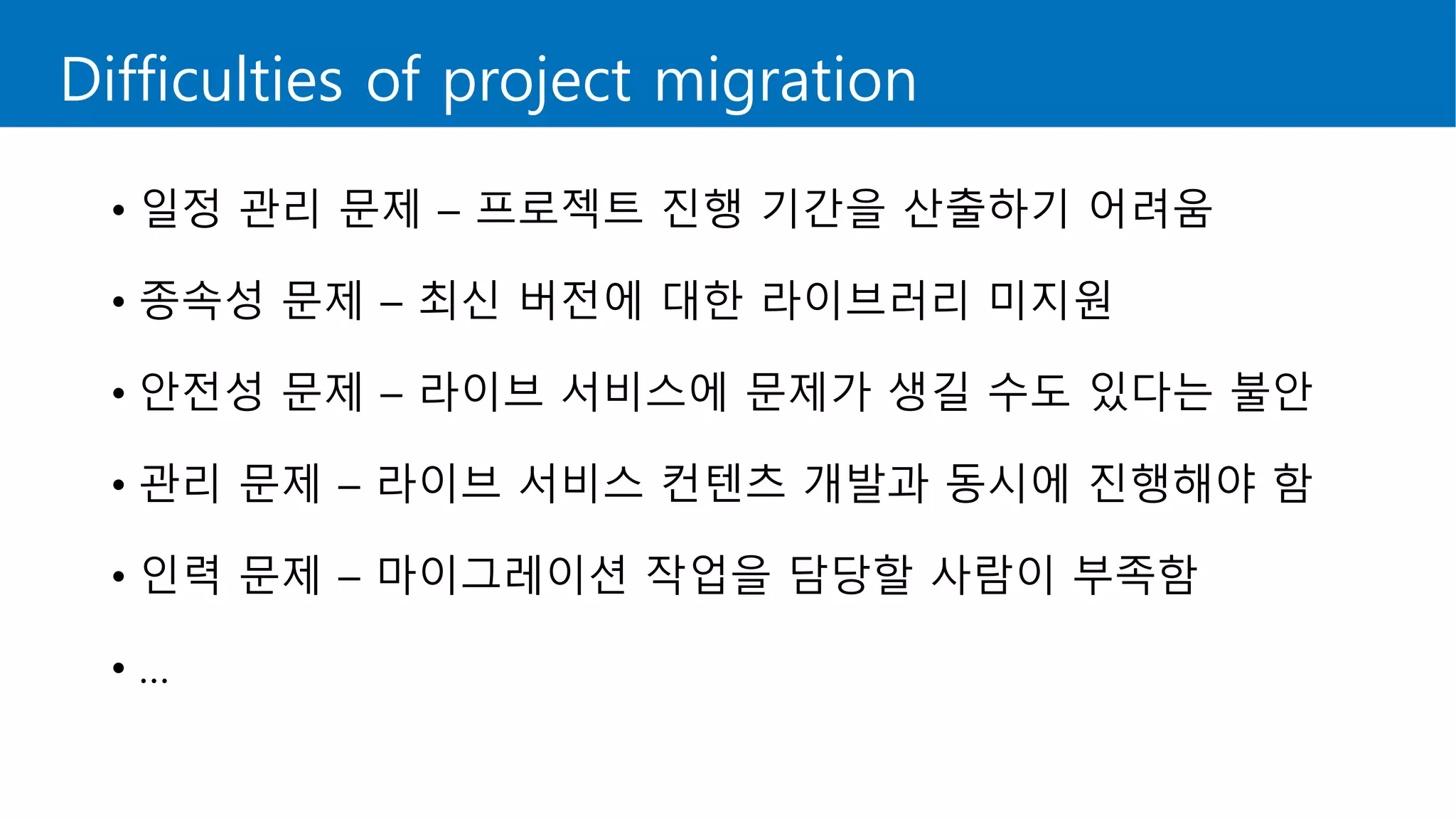 Difficulties of project migration
• 일정 관리 문제 – 프로젝트 진행 기간을 산출하기 어려움
• 종속성 문제 – 최신 버전에 대한 라이브러리 미지원
• 안전성 문제 – 라이브 서비스에 문제가 생길 수도 있다는 불안
• 관리 문제 – 라이브 서비스 컨텐츠 개발과 동시에 진행해야 함
• 인력 문제 – 마이그레이션 작업을 담당할 사람이 부족함
• …
 