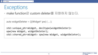 Effective Modern C++ Study
C++ Korea14
std::unique_ptr<Widget, decltype(widgetDeleter)>
upw(new Widget, widgetDeleter);
std::shared_ptr<Widget> spw(new Widget, widgetDeleter);
 