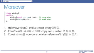 Effective Modern C++ Study
C++ Korea29
1. std::move(text)가 rvalue const string이었다.
2. Constness를 유지하기 위해 copy constructor 로 동작함.
3. Const string을 non-const rvalue-reference에 넣을 수 없다.
 