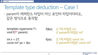 Effective Modern C++ Study
C++ Korea
template<typename T>
void f(T* param);
int x = 27;
const int* px = &x;
f(&x); // T의 타입은 int
// param의 타입은 int*
// T의 타입은 const int
// param의 타입은 const int*
f(px);
10
 