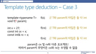 Effective Modern C++ Study
C++ Korea
template<typename T>
void f(T param);
int x = 27;
const int cx = x;
const int& rx = x;
f(x); // T와 param의 타입은 둘 다 int
// T와 param의 타입은 둘 다 intf(cx);
f(rx); // T와 param의 타입은 둘 다 int
param은 cx 및 rx와 다른 오브젝트!
따라서 param이 무엇이든 cx와 rx는 수정할 수 없음
16
 
