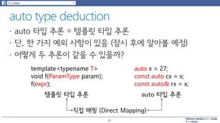 Effective Modern C++ Study
C++ Korea
template<typename T>
void f(ParamType param);
f(expr);
템플릿 타입 추론
auto x = 27;
const auto cx = x;
const auto& rx = x;
auto 타입 추론
직접 매핑 (Direct Mapping)
31
 