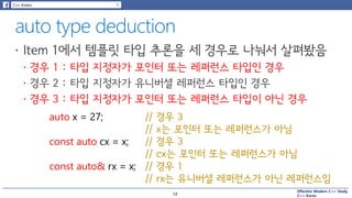 Effective Modern C++ Study
C++ Korea
auto x = 27; // 경우 3
// x는 포인터 또는 레퍼런스가 아님
// 경우 3
// cx는 포인터 또는 레퍼런스가 아님
// 경우 1
// rx는 유니버셜 레퍼런스가 아닌 레퍼런스임
const auto cx = x;
const auto& rx = x;
34
 