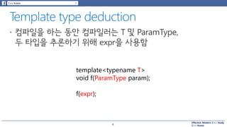 Effective Modern C++ Study
C++ Korea
template<typename T>
void f(ParamType param);
f(expr);
4
 