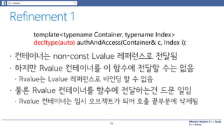 Effective Modern C++ Study
C++ Korea
template<typename Container, typename Index>
decltype(auto) authAndAccess(Container& c, Index i);
55
 