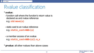Effective Modern C++ Study
C++ Korea
* xvalue:
- function call where the function’s return value is
declared as and rvalue reference
e.g. std:move(x)
- static cast to an rvalue reference
e.g. static_cast<A&&>(a)
- a member access of an xvalue
e.g. static_cast<A&&>(a)).m_x
* prvalue: all other rvalues than above cases
64
 