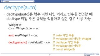 Effective Modern C++ Study
C++ Korea
Widget w;
const Widget& cw = w;
auto myWidget1 = cw;
decltype(auto) myWidget2 = cw;
// auto 타입 추론
// myWidget1의 타입은 Widget
// decltype 타입 추론
// myWidget2의 타입은
// const Widget&
54
 