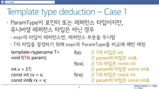 Effective Modern C++ Study
C++ Korea
template<typename T>
void f(T* param);
int x = 27;
const int* px = &x;
f(&x); // T의 타...