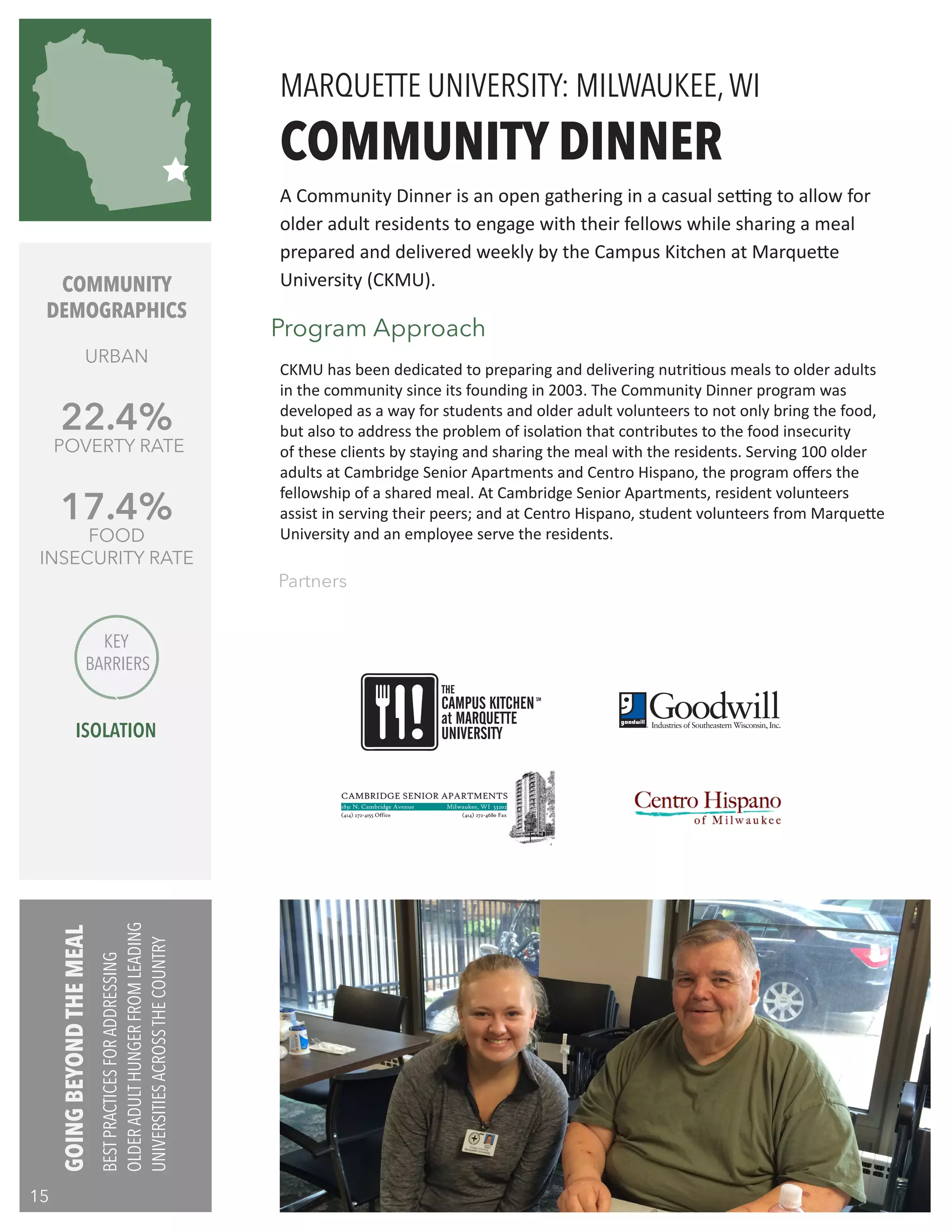 COMMUNITY
DEMOGRAPHICS
URBAN
22.4%
POVERTY RATE
17.4%
FOOD
INSECURITY RATE
CKMU has been dedicated to preparing and delivering nutritious meals to older adults
in the community since its founding in 2003. The Community Dinner program was
developed as a way for students and older adult volunteers to not only bring the food,
but also to address the problem of isolation that contributes to the food insecurity
of these clients by staying and sharing the meal with the residents. Serving 100 older
adults at Cambridge Senior Apartments and Centro Hispano, the program offers the
fellowship of a shared meal. At Cambridge Senior Apartments, resident volunteers
assist in serving their peers; and at Centro Hispano, student volunteers from Marquette
University and an employee serve the residents.
COMMUNITY DINNER
Partners
A Community Dinner is an open gathering in a casual setting to allow for
older adult residents to engage with their fellows while sharing a meal
prepared and delivered weekly by the Campus Kitchen at Marquette
University (CKMU).
MARQUETTE UNIVERSITY: MILWAUKEE,WI
Program Approach
KEY
BARRIERS
ISOLATION
GOINGBEYONDTHEMEAL
BESTPRACTICESFORADDRESSING
OLDERADULTHUNGERFROMLEADING
UNIVERSITIESACROSSTHECOUNTRY
15
 