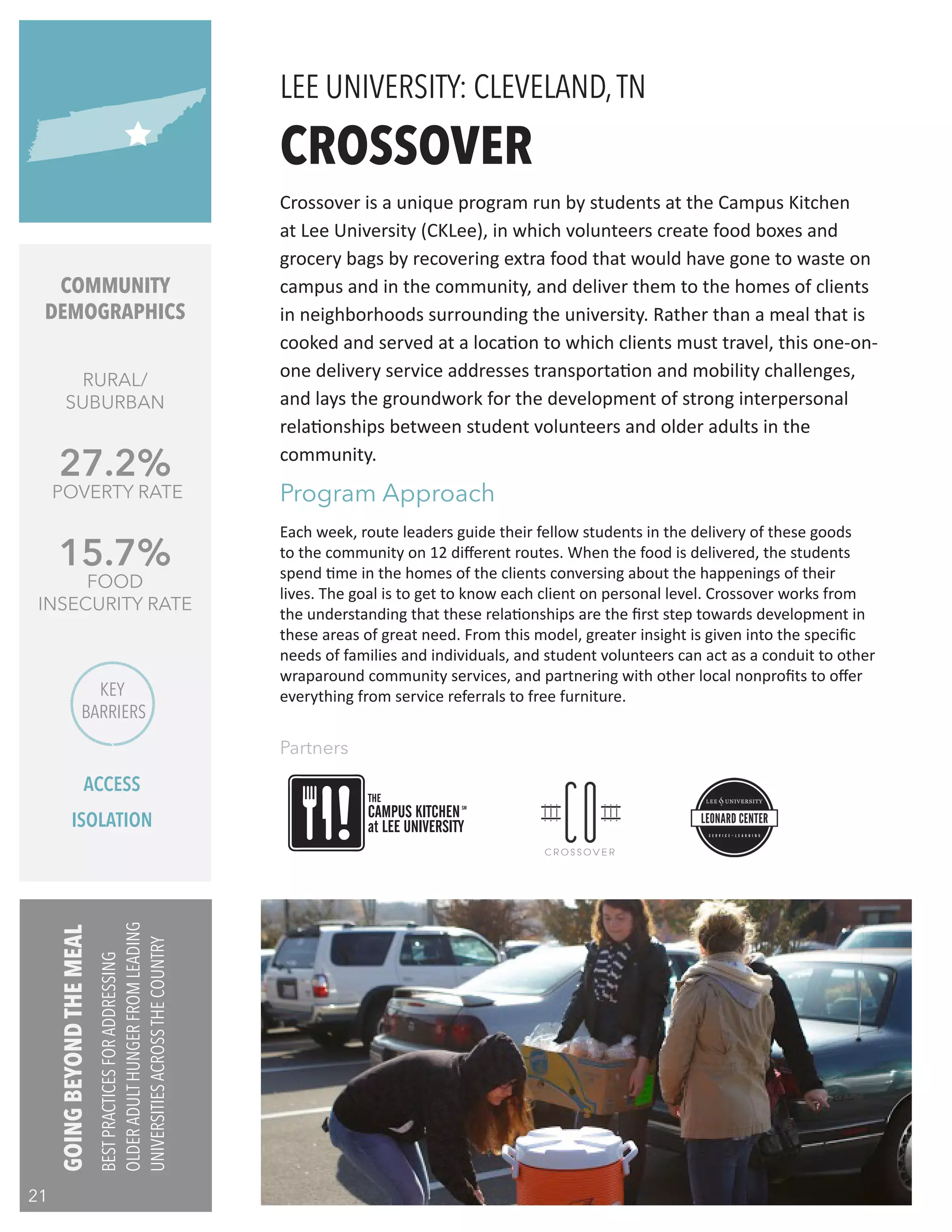 Each week, route leaders guide their fellow students in the delivery of these goods
to the community on 12 different routes. When the food is delivered, the students
spend time in the homes of the clients conversing about the happenings of their
lives. The goal is to get to know each client on personal level. Crossover works from
the understanding that these relationships are the first step towards development in
these areas of great need. From this model, greater insight is given into the specific
needs of families and individuals, and student volunteers can act as a conduit to other
wraparound community services, and partnering with other local nonprofits to offer
everything from service referrals to free furniture.
CROSSOVER
Partners
Crossover is a unique program run by students at the Campus Kitchen
at Lee University (CKLee), in which volunteers create food boxes and
grocery bags by recovering extra food that would have gone to waste on
campus and in the community, and deliver them to the homes of clients
in neighborhoods surrounding the university. Rather than a meal that is
cooked and served at a location to which clients must travel, this one-on-
one delivery service addresses transportation and mobility challenges,
and lays the groundwork for the development of strong interpersonal
relationships between student volunteers and older adults in the
community.
LEE UNIVERSITY: CLEVELAND,TN
COMMUNITY
DEMOGRAPHICS
RURAL/
SUBURBAN
27.2%
POVERTY RATE
15.7%
FOOD
INSECURITY RATE
Program Approach
KEY
BARRIERS
ACCESS
ISOLATION
THE
CAMPUS KITCHEN
at LEE UNIVERSITY
SM
GOINGBEYONDTHEMEAL
BESTPRACTICESFORADDRESSING
OLDERADULTHUNGERFROMLEADING
UNIVERSITIESACROSSTHECOUNTRY
21
 
