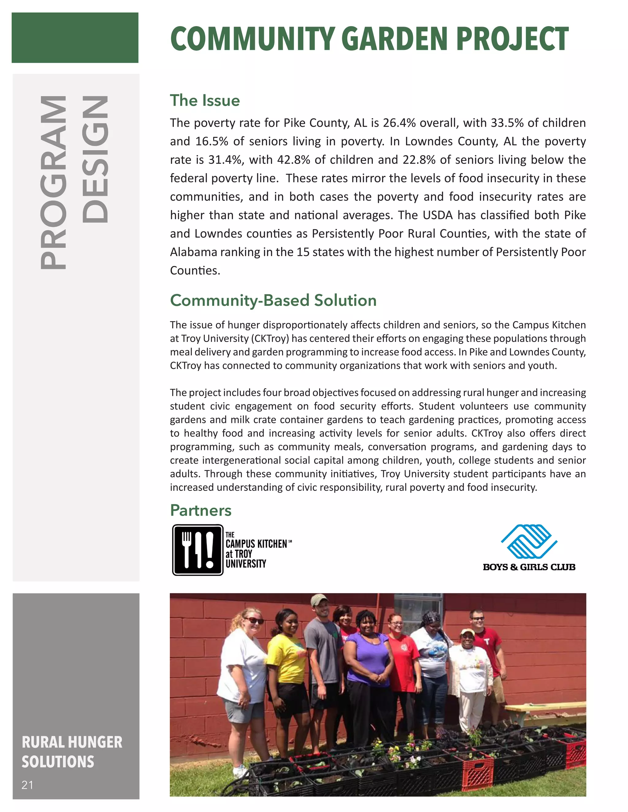 RURAL HUNGER
SOLUTIONS
21
PROGRAM
DESIGN
Partners
The issue of hunger disproportionately affects children and seniors, so the Campus Kitchen
at Troy University (CKTroy) has centered their efforts on engaging these populations through
meal delivery and garden programming to increase food access. In Pike and Lowndes County,
CKTroy has connected to community organizations that work with seniors and youth.
The project includes four broad objectives focused on addressing rural hunger and increasing
student civic engagement on food security efforts. Student volunteers use community
gardens and milk crate container gardens to teach gardening practices, promoting access
to healthy food and increasing activity levels for senior adults. CKTroy also offers direct
programming, such as community meals, conversation programs, and gardening days to
create intergenerational social capital among children, youth, college students and senior
adults. Through these community initiatives, Troy University student participants have an
increased understanding of civic responsibility, rural poverty and food insecurity.
Community-Based Solution
The poverty rate for Pike County, AL is 26.4% overall, with 33.5% of children
and 16.5% of seniors living in poverty. In Lowndes County, AL the poverty
rate is 31.4%, with 42.8% of children and 22.8% of seniors living below the
federal poverty line. These rates mirror the levels of food insecurity in these
communities, and in both cases the poverty and food insecurity rates are
higher than state and national averages. The USDA has classified both Pike
and Lowndes counties as Persistently Poor Rural Counties, with the state of
Alabama ranking in the 15 states with the highest number of Persistently Poor
Counties.
The Issue
COMMUNITY GARDEN PROJECT
 