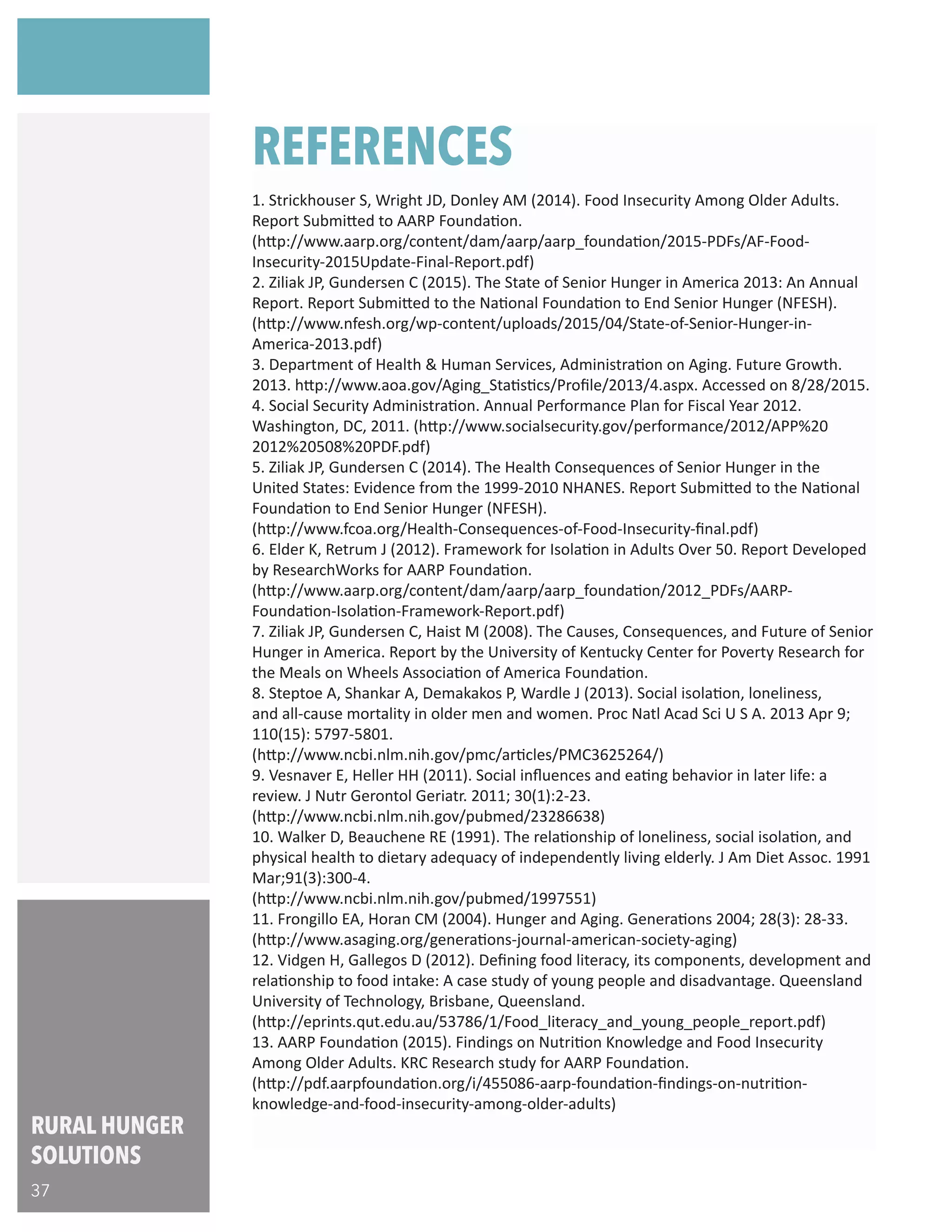 REFERENCES
1. Strickhouser S, Wright JD, Donley AM (2014). Food Insecurity Among Older Adults.
Report Submitted to AARP Foundation.
(http://www.aarp.org/content/dam/aarp/aarp_foundation/2015-PDFs/AF-Food-
Insecurity-2015Update-Final-Report.pdf)
2. Ziliak JP, Gundersen C (2015). The State of Senior Hunger in America 2013: An Annual
Report. Report Submitted to the National Foundation to End Senior Hunger (NFESH).
(http://www.nfesh.org/wp-content/uploads/2015/04/State-of-Senior-Hunger-in-
America-2013.pdf)
3. Department of Health & Human Services, Administration on Aging. Future Growth.
2013. http://www.aoa.gov/Aging_Statistics/Profile/2013/4.aspx. Accessed on 8/28/2015.
4. Social Security Administration. Annual Performance Plan for Fiscal Year 2012.
Washington, DC, 2011. (http://www.socialsecurity.gov/performance/2012/APP%20
2012%20508%20PDF.pdf)
5. Ziliak JP, Gundersen C (2014). The Health Consequences of Senior Hunger in the
United States: Evidence from the 1999-2010 NHANES. Report Submitted to the National
Foundation to End Senior Hunger (NFESH).
(http://www.fcoa.org/Health-Consequences-of-Food-Insecurity-final.pdf)
6. Elder K, Retrum J (2012). Framework for Isolation in Adults Over 50. Report Developed
by ResearchWorks for AARP Foundation.
(http://www.aarp.org/content/dam/aarp/aarp_foundation/2012_PDFs/AARP-
Foundation-Isolation-Framework-Report.pdf)
7. Ziliak JP, Gundersen C, Haist M (2008). The Causes, Consequences, and Future of Senior
Hunger in America. Report by the University of Kentucky Center for Poverty Research for
the Meals on Wheels Association of America Foundation.
8. Steptoe A, Shankar A, Demakakos P, Wardle J (2013). Social isolation, loneliness,
and all-cause mortality in older men and women. Proc Natl Acad Sci U S A. 2013 Apr 9;
110(15): 5797-5801.
(http://www.ncbi.nlm.nih.gov/pmc/articles/PMC3625264/)
9. Vesnaver E, Heller HH (2011). Social influences and eating behavior in later life: a
review. J Nutr Gerontol Geriatr. 2011; 30(1):2-23.
(http://www.ncbi.nlm.nih.gov/pubmed/23286638)
10. Walker D, Beauchene RE (1991). The relationship of loneliness, social isolation, and
physical health to dietary adequacy of independently living elderly. J Am Diet Assoc. 1991
Mar;91(3):300-4.
(http://www.ncbi.nlm.nih.gov/pubmed/1997551)
11. Frongillo EA, Horan CM (2004). Hunger and Aging. Generations 2004; 28(3): 28-33.
(http://www.asaging.org/generations-journal-american-society-aging)
12. Vidgen H, Gallegos D (2012). Defining food literacy, its components, development and
relationship to food intake: A case study of young people and disadvantage. Queensland
University of Technology, Brisbane, Queensland.
(http://eprints.qut.edu.au/53786/1/Food_literacy_and_young_people_report.pdf)
13. AARP Foundation (2015). Findings on Nutrition Knowledge and Food Insecurity
Among Older Adults. KRC Research study for AARP Foundation.
(http://pdf.aarpfoundation.org/i/455086-aarp-foundation-findings-on-nutrition-
knowledge-and-food-insecurity-among-older-adults)
RURAL HUNGER
SOLUTIONS
37
 