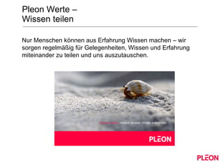Pleon Werte –  Wissen teilen Nur Menschen können aus Erfahrung Wissen machen – wir sorgen regelmäßig für Gelegenheiten, Wissen und Erfahrung miteinander zu teilen und uns auszutauschen. 
