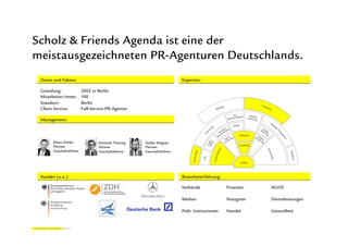 Scholz & Friends Agenda ist eine der
meistausgezeichneten PR-Agenturen Deutschlands.
 Daten und Fakten:                                                   Expertise:

 Gründung:               2002 in Berlin
 Mitarbeiter/innen:      100
 Standort:               Berlin
 Client Service:         Full-Service-PR-Agentur

 Management:



       Klaus Dittko              Dominik Thesing   Stefan Wegner
       Partner                   Partner           Partner
       Geschäftsführer           Geschäftsführer   Geschäftsführer




 Kunden (u.a.):                                                      Branchenerfahrung:

                                                                     Verbände               Finanzen    NGOS

                                                                     Medien                 Nutzgüter   Dienstleistungen

                                                                     Polit. Institutionen   Handel      Gesundheit
 