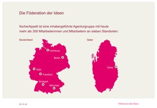 Die Föderation der Ideen
01.11.12
Hamburg
Berlin
Frankfurt
Stuttgart
Köln
München
Deutschland Qatar
Doha
fischerAppelt ist eine inhabergeführte Agenturgruppe mit heute
mehr als 300 Mitarbeiterinnen und Mitarbeitern an sieben Standorten:
 