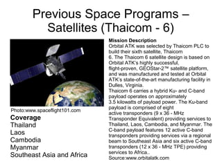 Previous Space Programs –
Satellites (Thaicom - 6)
Coverage
Thailand
Laos
Cambodia
Myanmar
Southeast Asia and Africa
Mission Description
Orbital ATK was selected by Thaicom PLC to
build their sixth satellite, Thaicom
6. The Thaicom 6 satellite design is based on
Orbital ATK’s highly successful,
flight-proven, GEOStar-2™ satellite platform,
and was manufactured and tested at Orbital
ATK’s state-of-the-art manufacturing facility in
Dulles, Virginia.
Thaicom 6 carries a hybrid Ku- and C-band
payload operates on approximately
3.5 kilowatts of payload power. The Ku-band
payload is comprised of eight
active transponders (9 x 36 - MHz
Transponder Equivalent) providing services to
Thailand, Laos, Cambodia, and Myanmar. The
C-band payload features 12 active C-band
transponders providing services via a regional
beam to Southeast Asia and six active C-band
transponders (12 x 36 - MHz TPE) providing
services to Africa..
Source:www.orbitalatk.com
Photo:www.spaceflight101.com
 