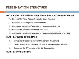 PRESENTATION STRUCTURE
PART – A: MAIN GROUNDS FOR GRANTING S.T STATUS TO KOCH-RAJBONGSHI
1. Report of the Tribal Research Institute, Govt. of Assam
2. Comments of the Registrar General of India

3. Constitution (Scheduled Tribes) Order (Amendment) Bill, 1996
4. Report of the Select Committee of Lok Sabha
5. Constitution (Scheduled Tribes) Order (Amendment) Ordinance, 9 of 1996
PART – B: POLITICS OF SABOTAGE

6.

Conspiracy to separate Koch and Rajbongshi (Rajbanshi)

7.

Delaying the process by asking the view of Karbi Anglong & N.C Hills

8.

Combining the S.T demand of the Six Communities

PART – C: CKRSD’s OPINION

 