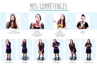 mes compétences 
Pack Office InDesign 
Anglais 
Niveau B2 
Classe renforcée 
2010/2012 
Corse 
Notions 
Français 
Langue maternelle 
Italien 
Niveau B1 
Classe renforcée 
2007/2009 
Illustrator Photoshop Solidworks Rhinocéros 3D 
 