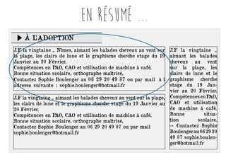 en résumé ... 
à L’Adoption 
J.F la vingtaine ,. Nîmes, aimant les balades cheveux au vent sur 
la plage, les clairs de lune et le graphisme cherche stage du 19 
Janvier au 20 Février. 
Compétences en PAO, CAO et utilisation de machine à café. 
Bonne situation scolaire, orthographe maîtrisé, 
Contactez Sophie Boulenger au 06 29 20 49 87 ou par mail à l 
adresse suivante : sophie.boulenger@hotmail.fr 
J.F la vingtaine ,. 
aimant les balades 
cheveux au vent 
sur la plage, les 
clairs de lune et le 
graphisme cherche 
stage du 19 Jan-vier 
au 20 Février. 
Compétences en PAO, 
CAO et utilisation 
de machine à café. 
Bonne situa-tion 
scolaire. 
-+ Contactez Sophie 
Boulenger au 06 29 20 
49 87 sophie.boulen-ger@ 
hotmail.fr 
J.F la vingtaine ,. aimant les balades cheveux au vent sur la plage, 
les clairs de lune et le graphisme cherche stage du 19 Janvier au 
20 Février. 
Compétences en PAO, CAO et utilisation de machine à café. 
Bonne situation scolaire, orthographe maîtrisé, 
Contactez Sophie Boulenger au 06 29 20 49 87 ou par mail 
sophie.boulenger@hotmail.fr 
