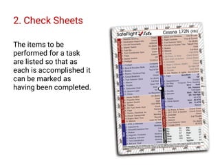 2. Check Sheets
The items to be
performed for a task
are listed so that as
each is accomplished it
can be marked as
having been completed.
 