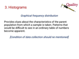 3. Histograms
Graphical frequency distribution
Provides clues about the characteristics of the parent
population from which a sample is taken. Patterns that
would be diﬃcult to see in an ordinary table of numbers
become apparent.
[Condition of data collection should ne mentioned]
 
