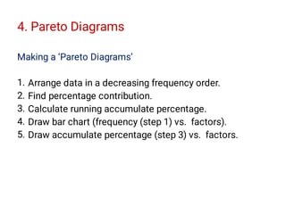 4. Pareto Diagrams
1.
2.
3.
4.
5.
Making a ‘Pareto Diagrams’
Arrange data in a decreasing frequency order.
Find percentage contribution.
Calculate running accumulate percentage.
Draw bar chart (frequency (step 1) vs. factors).
Draw accumulate percentage (step 3) vs. factors.
 