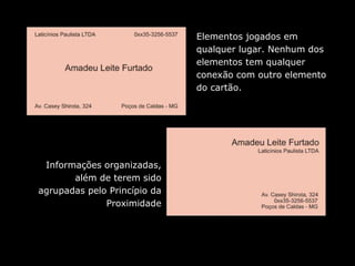 Elementos jogados em
qualquer lugar. Nenhum dos
elementos tem qualquer
conexão com outro elemento
do cartão.
Informações organizadas,
além de terem sido
agrupadas pelo Princípio da
Proximidade
 