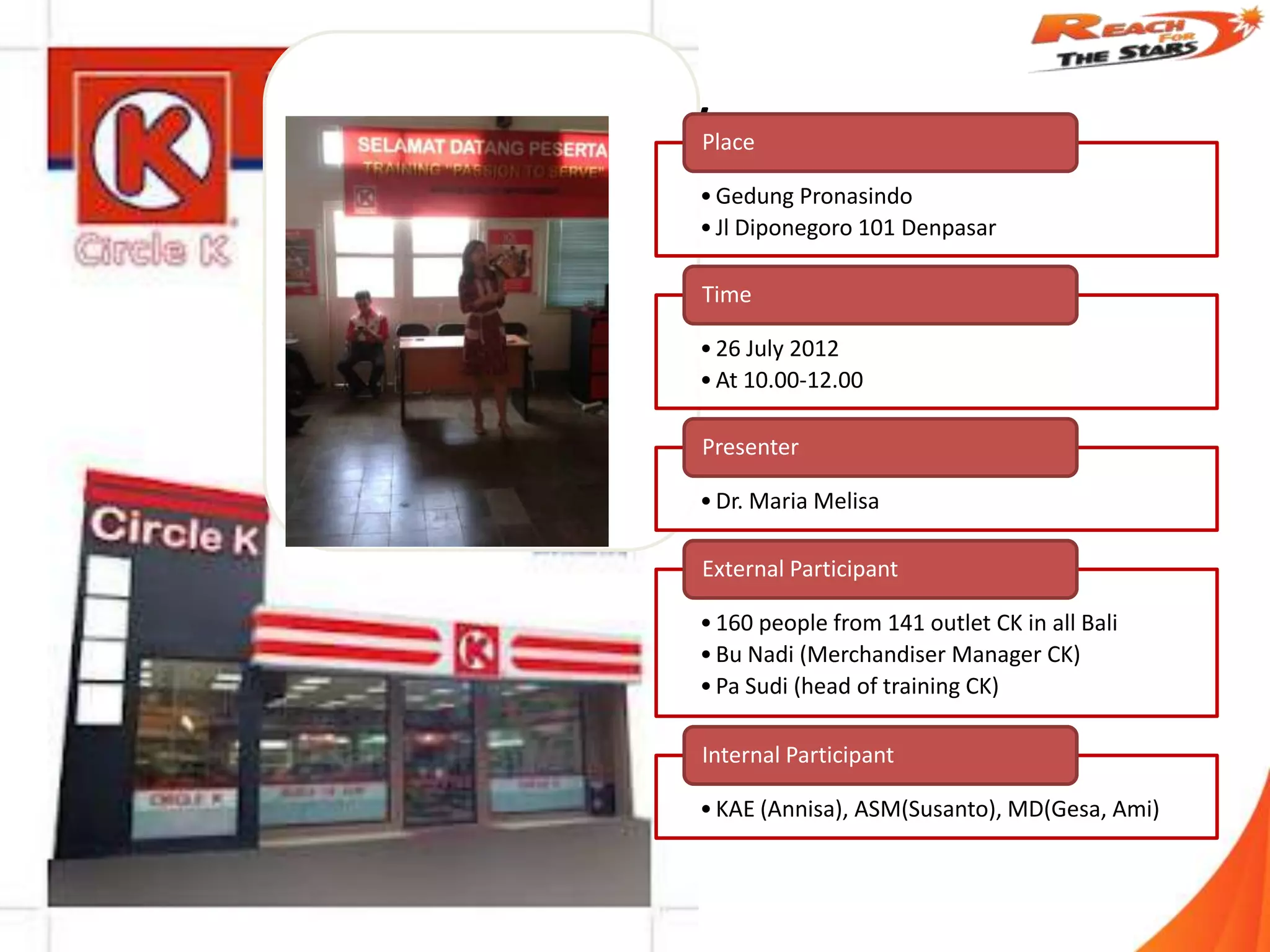 Flow
   Place

   • Gedung Pronasindo
   • Jl Diponegoro 101 Denpasar

   Time

   • 26 July 2012
   • At 10.00-12.00

   Presenter

   • Dr. Maria Melisa

   External Participant

   • 160 people from 141 outlet CK in all Bali
   • Bu Nadi (Merchandiser Manager CK)
   • Pa Sudi (head of training CK)

   Internal Participant

   • KAE (Annisa), ASM(Susanto), MD(Gesa, Ami)
 