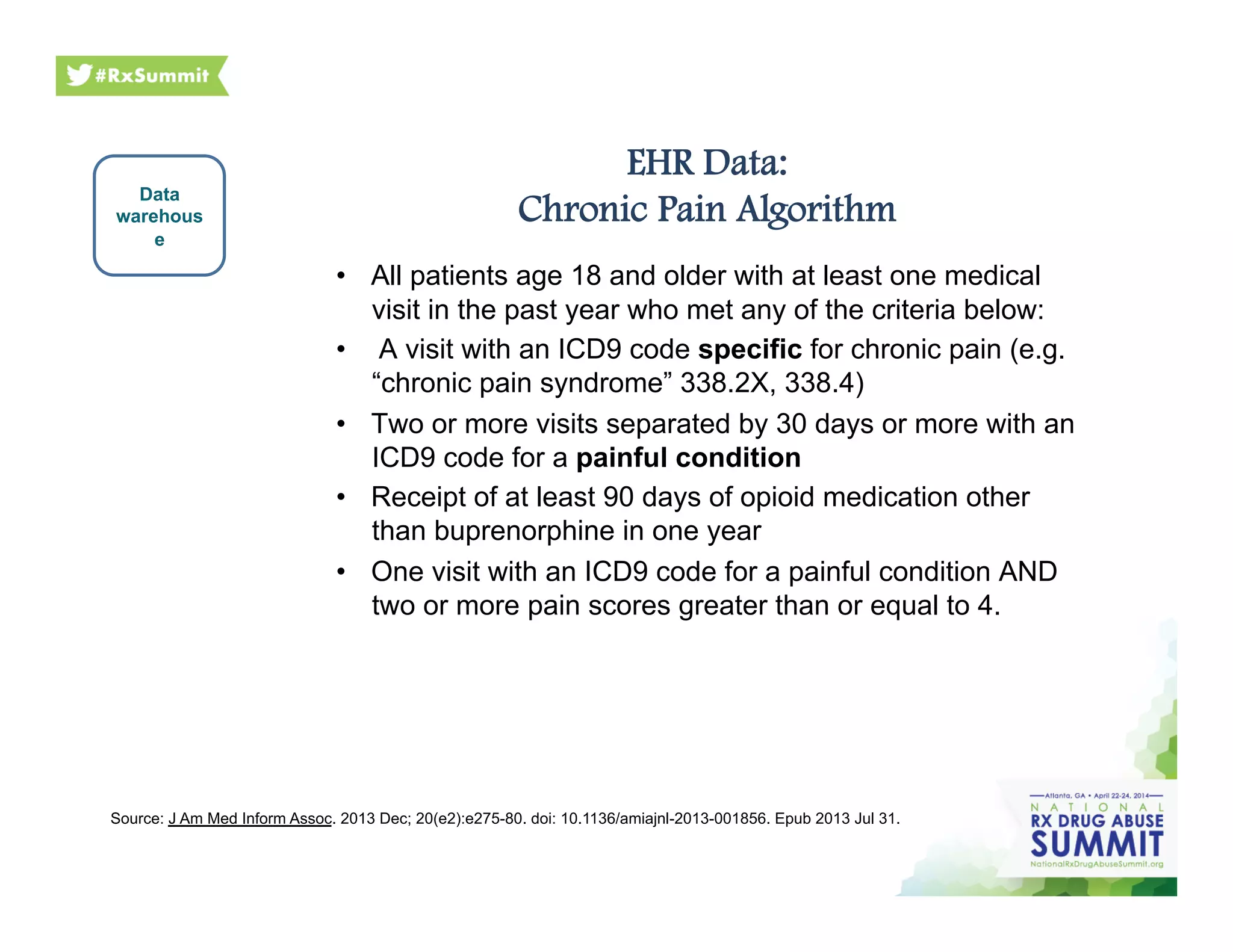 EHR Data:
Chronic Pain Algorithm
•  All patients age 18 and older with at least one medical
visit in the past year who met any of the criteria below:
•  A visit with an ICD9 code specific for chronic pain (e.g.
“chronic pain syndrome” 338.2X, 338.4)
•  Two or more visits separated by 30 days or more with an
ICD9 code for a painful condition
•  Receipt of at least 90 days of opioid medication other
than buprenorphine in one year
•  One visit with an ICD9 code for a painful condition AND
two or more pain scores greater than or equal to 4.
Data
warehous
e
Source: J Am Med Inform Assoc. 2013 Dec; 20(e2):e275-80. doi: 10.1136/amiajnl-2013-001856. Epub 2013 Jul 31.
 