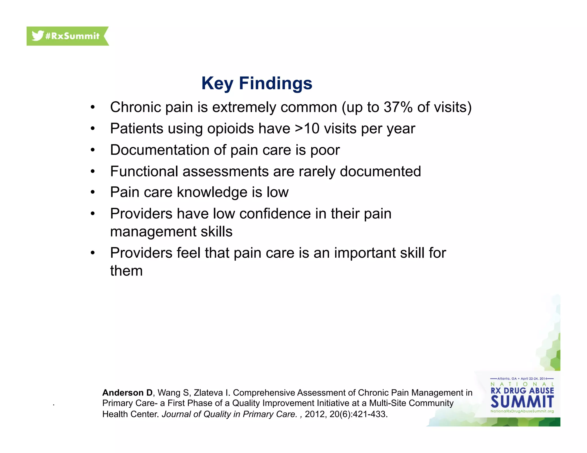 Key Findings
•  Chronic pain is extremely common (up to 37% of visits)
•  Patients using opioids have >10 visits per year
•  Documentation of pain care is poor
•  Functional assessments are rarely documented
•  Pain care knowledge is low
•  Providers have low confidence in their pain
management skills
•  Providers feel that pain care is an important skill for
them
.
Anderson D, Wang S, Zlateva I. Comprehensive Assessment of Chronic Pain Management in
Primary Care- a First Phase of a Quality Improvement Initiative at a Multi-Site Community
Health Center. Journal of Quality in Primary Care. , 2012, 20(6):421-433.
 