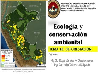 Ecología y
conservación
ambiental
Mg. Sc. Blga. Vanesa A. Deza Alvarez
Mg. Carmelo Talavera Delgado
UNIVERSIDAD NACIONAL DE SAN AGUSTÍN
FACULTAD DE CIENCIAS BIOLÓGICAS
DEPARTAMENTO ACADÉMICO DE BIOLOGÍA
ESPECIALIDAD DE ECOLOGÍA
Docente:
TEMA 10: DEFORESTACIÓN
Mapa de densidad kernel para la pérdida de bosques en la
Amazonia peruana en 2015. Datos: Hansen et al 2016 (ERL)
 