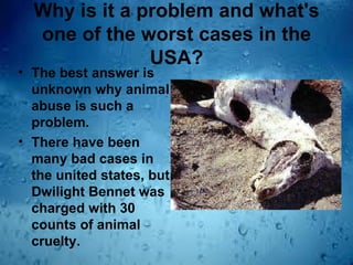Why is it a problem and what's
  one of the worst cases in the
               USA?
• The best answer is
  unknown why animal
  abuse is such a
  problem.
• There have been
  many bad cases in
  the united states, but
  Dwilight Bennet was
  charged with 30
  counts of animal
  cruelty.
 
