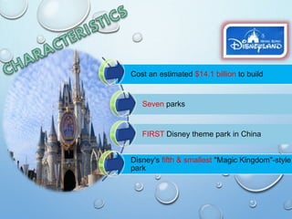 Cost an estimated $14.1 billion to build
Seven parks
FIRST Disney theme park in China
Disney's fifth & smallest "Magic Kingdom"-style
park
 