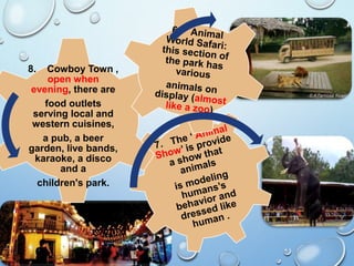 8. Cowboy Town ,
open when
evening, there are
food outlets
serving local and
western cuisines,
a pub, a beer
garden, live bands,
karaoke, a disco
and a
children's park.
 