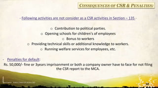 WWW.UNIQUEPLACES.COM
CONSEQUENCES OF CSR & PENALTIES:
- Following activities are not consider as a CSR activities in Section – 135 -
o Contribution to political parties.
o Opening schools for children's of employees
o Bonus to workers
o Providing technical skills or additional knowledge to workers.
o Running welfare services for employees, etc.
- Penalties for default:
Rs. 50,000/- fine or 3years imprisonment or both a company owner have to face for not filing
the CSR report to the MCA.
10
 