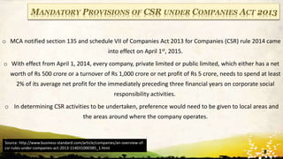 WWW.UNIQUEPLACES.COM
MANDATORY PROVISIONS OF CSR UNDER COMPANIES ACT 2013
o MCA notified section 135 and schedule VII of Companies Act 2013 for Companies (CSR) rule 2014 came
into effect on April 1st, 2015.
o With effect from April 1, 2014, every company, private limited or public limited, which either has a net
worth of Rs 500 crore or a turnover of Rs 1,000 crore or net profit of Rs 5 crore, needs to spend at least
2% of its average net profit for the immediately preceding three financial years on corporate social
responsibility activities.
o In determining CSR activities to be undertaken, preference would need to be given to local areas and
the areas around where the company operates.
Source: http://www.business-standard.com/article/companies/an-overview-of-
csr-rules-under-companies-act-2013-114031000385_1.html
8
 